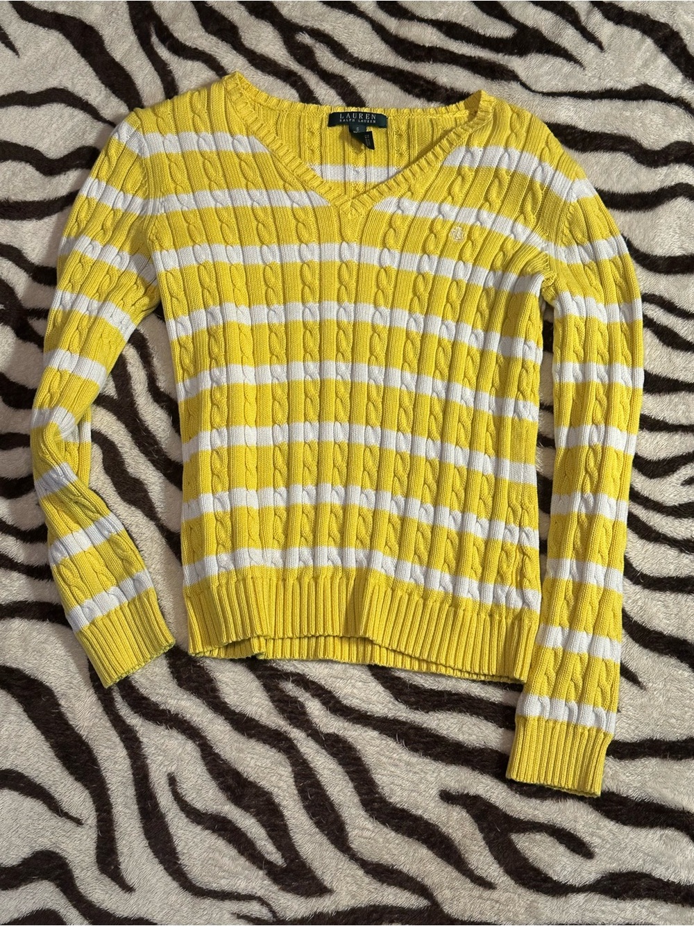 Polo Ralph Lauren Yellow & White Striped Cable V-Neck Sweater